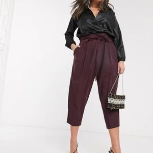 ASOS Women's Tailored Burgundy Tie Waist Tapered Ankle Grazer Pants Size 18 New